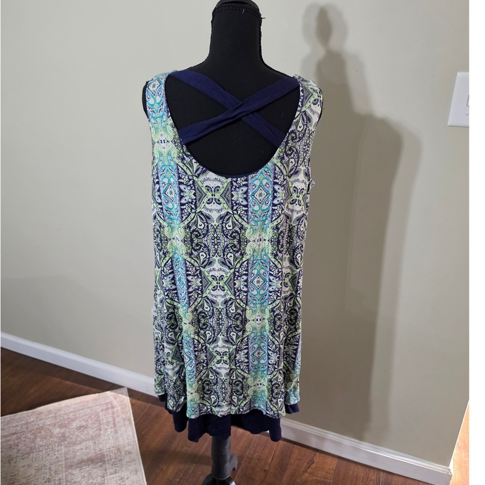 Kate & Sam Paisley Layered Crisscross Back Sleeveless Dress Navy Green PL - Picture 3 of 7
